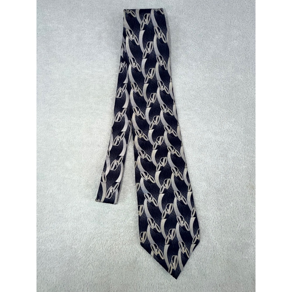 Meeting Street Mens Silk Necktie Black Grey Silver Geometric‎ Abstract Pattern